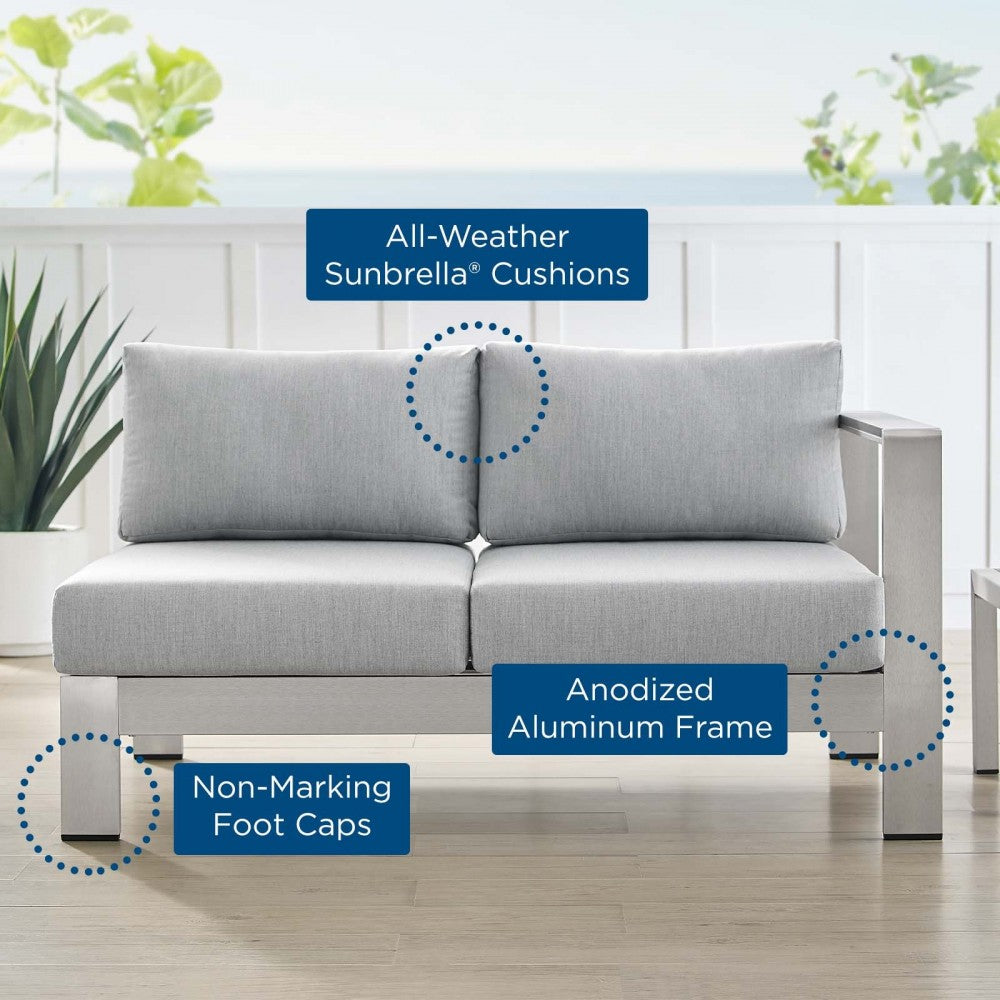 Shore Sunbrella Fabric Aluminum Outdoor Patio Right-Arm Loveseat, Silver Gray