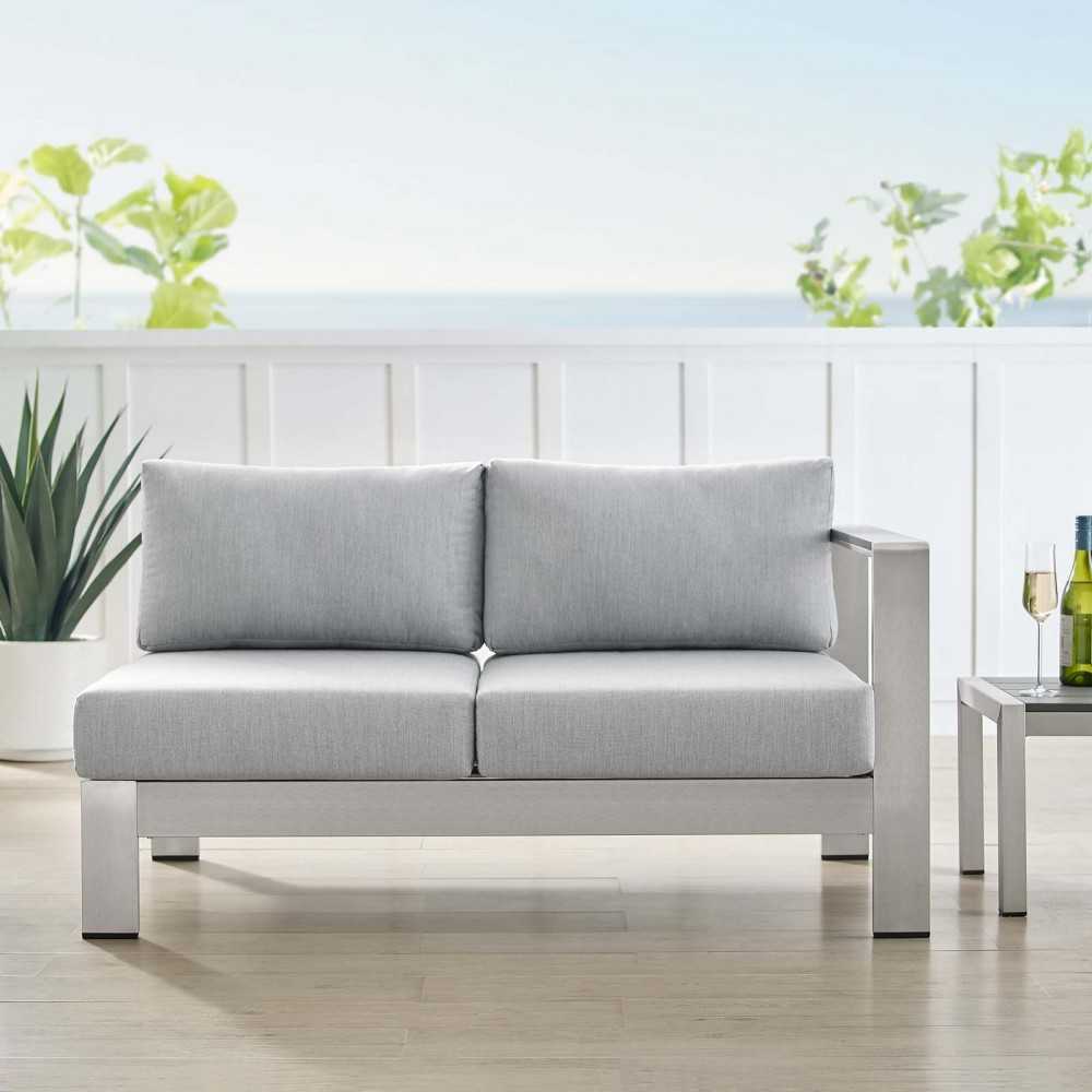 Shore Sunbrella Fabric Aluminum Outdoor Patio Right-Arm Loveseat, Silver Gray