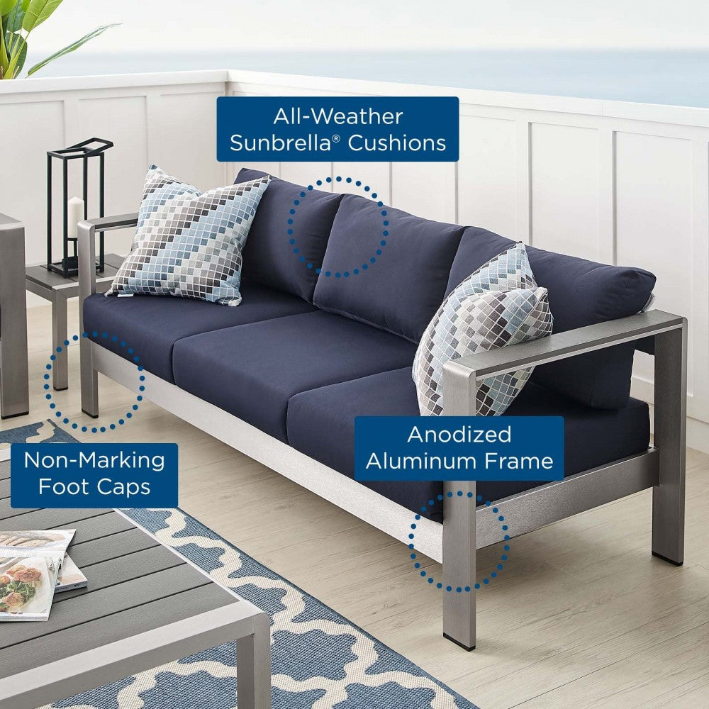 Shore Sunbrella Fabric Aluminum Outdoor Patio Sofa, Silver Navy