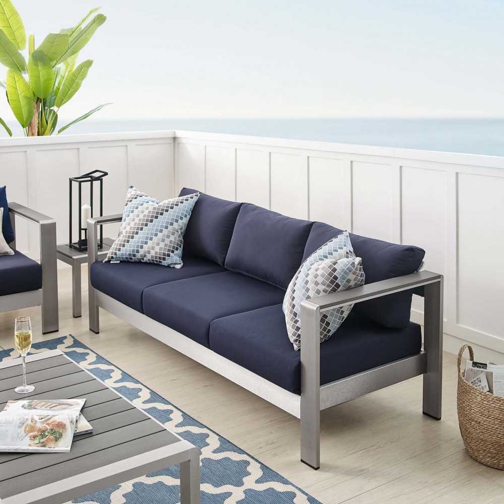 Shore Sunbrella Fabric Aluminum Outdoor Patio Sofa, Silver Navy