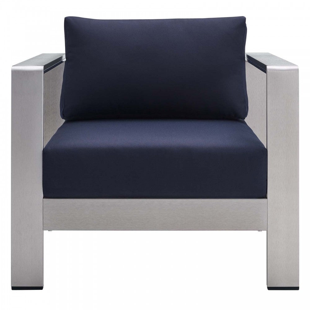 Shore Sunbrella Fabric Outdoor Patio Aluminum 4 Piece Set, Silver Navy, EEI-4316-SLV-NAV-SET