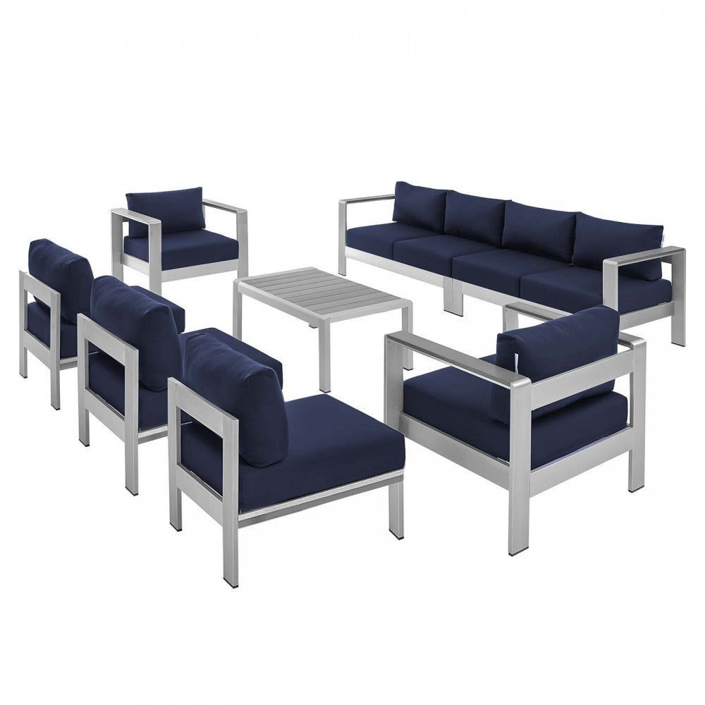 Shore Sunbrella Fabric Outdoor Patio Aluminum 8 Piece Sectional Sofa Set, Silver Navy, EEI-5482-SLV-NAV-SET