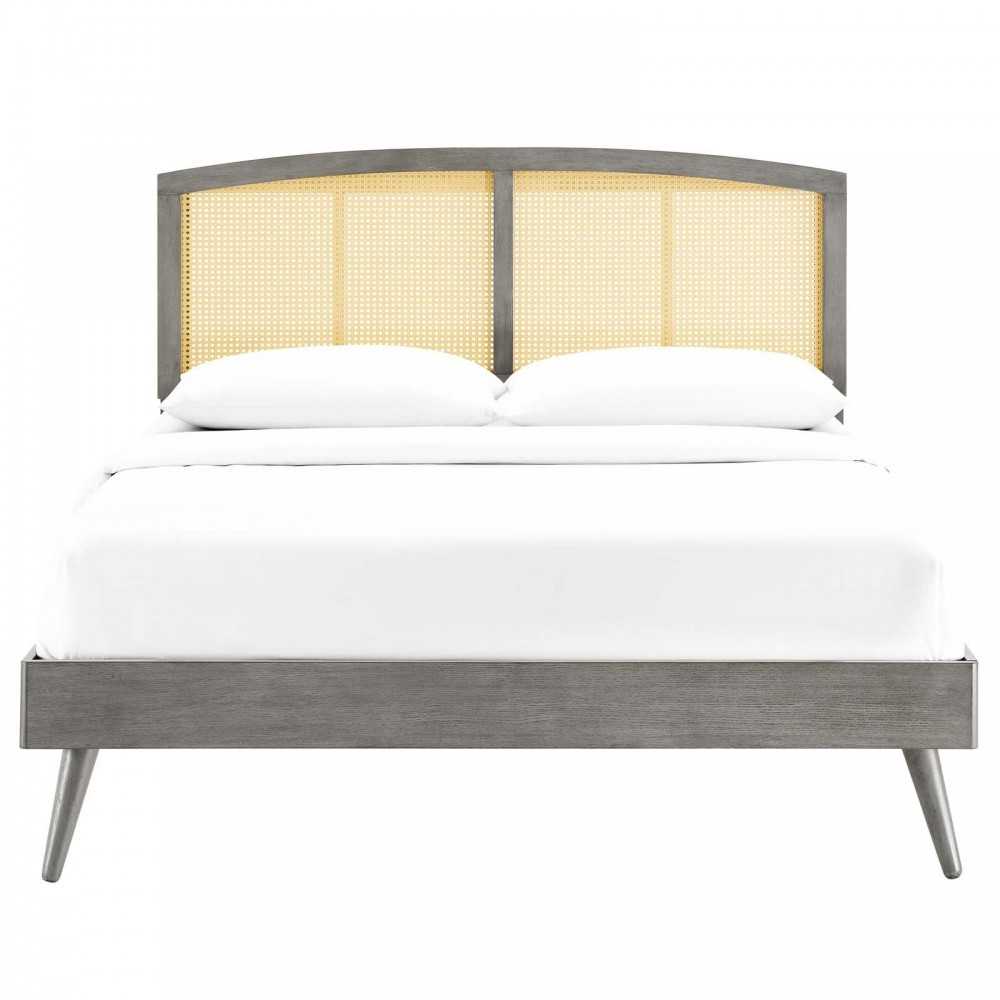 Sierra Cane and Wood King Platform Bed With Splayed Legs, Gray