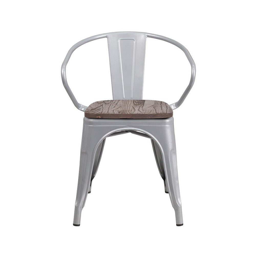 Silver Metal Chair with Wood Seat and Arms