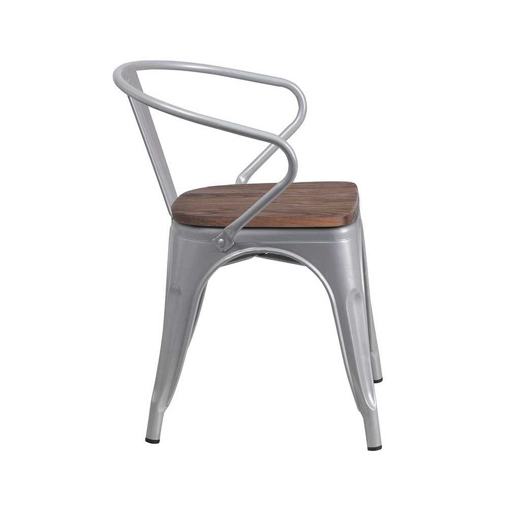 Silver Metal Chair with Wood Seat and Arms