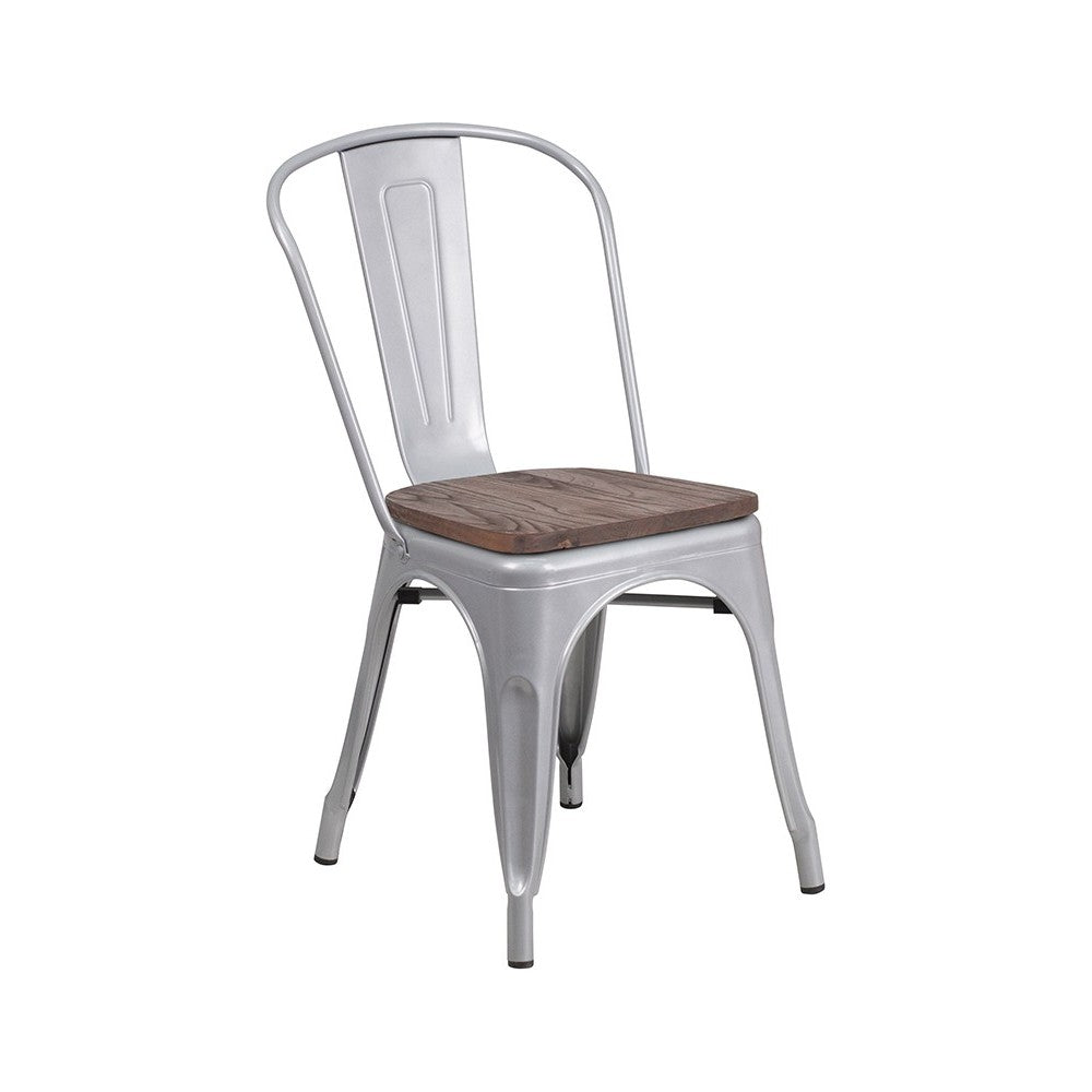 Silver Metal Stackable Chair with Wood Seat