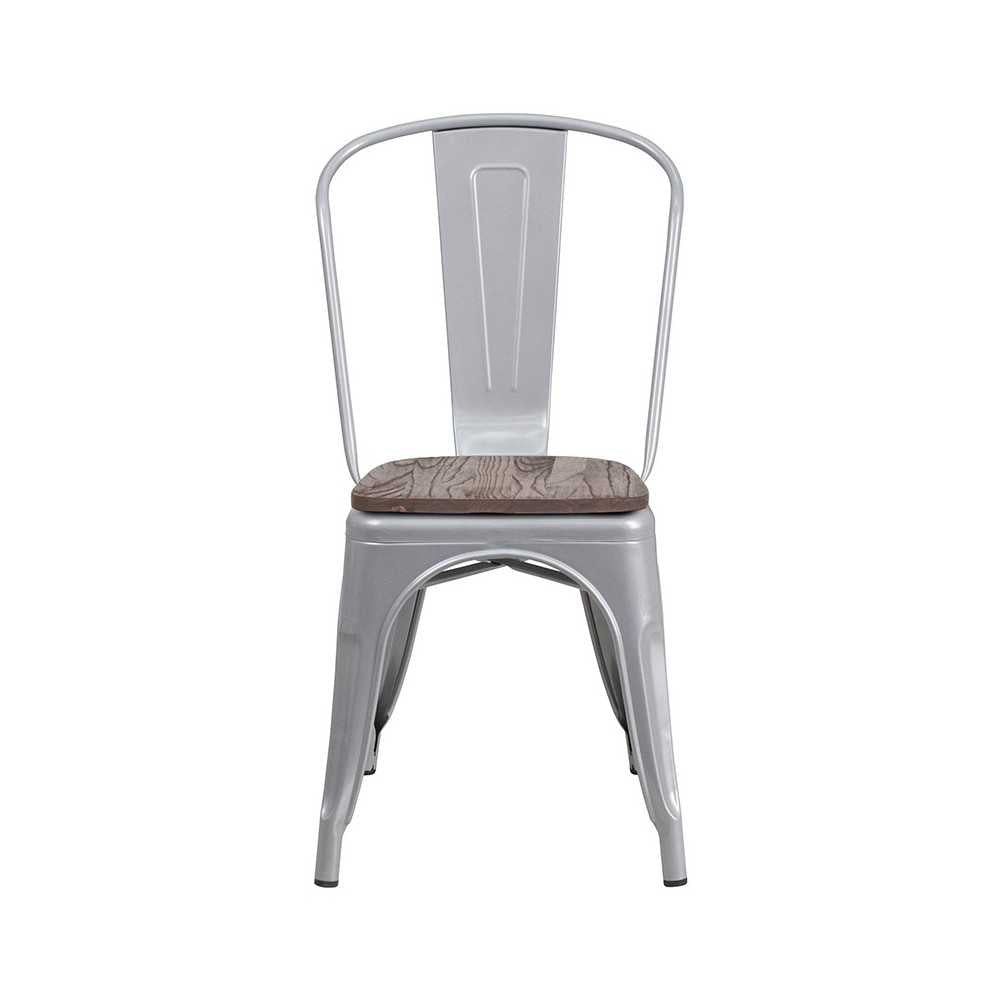 Silver Metal Stackable Chair with Wood Seat