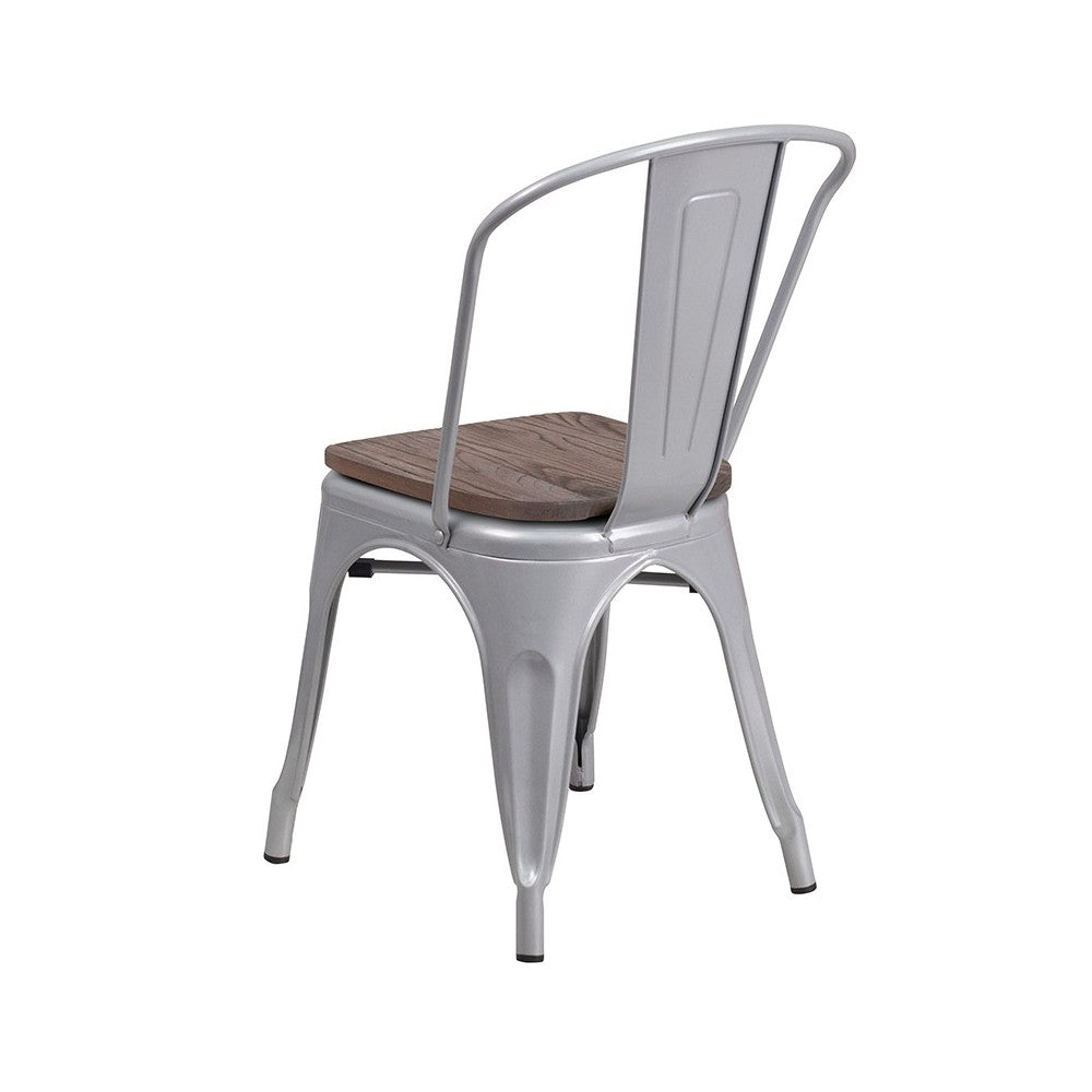 Silver Metal Stackable Chair with Wood Seat