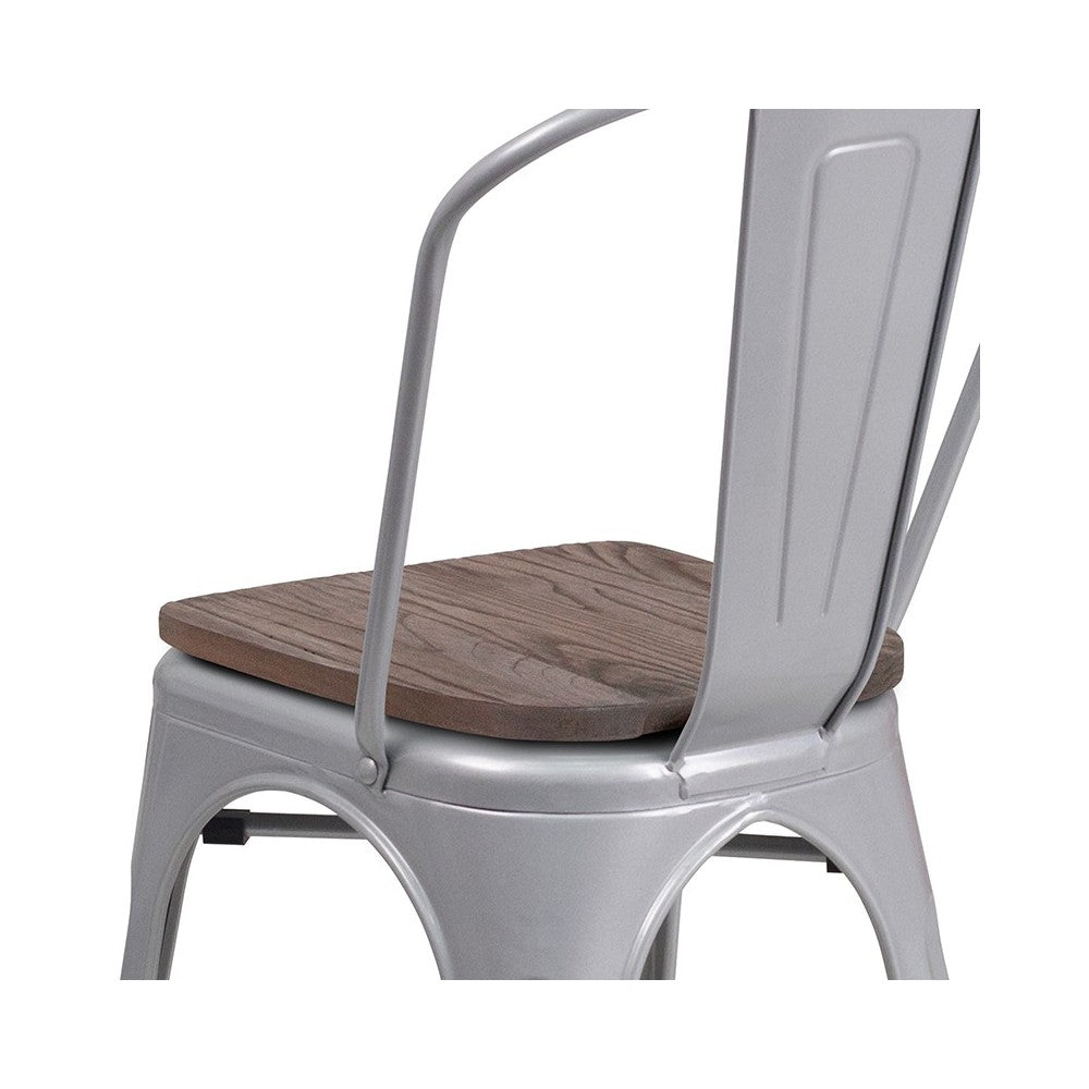 Silver Metal Stackable Chair with Wood Seat