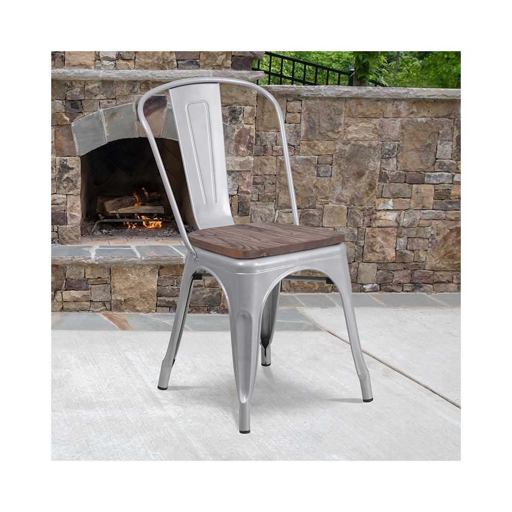 Silver Metal Stackable Chair with Wood Seat