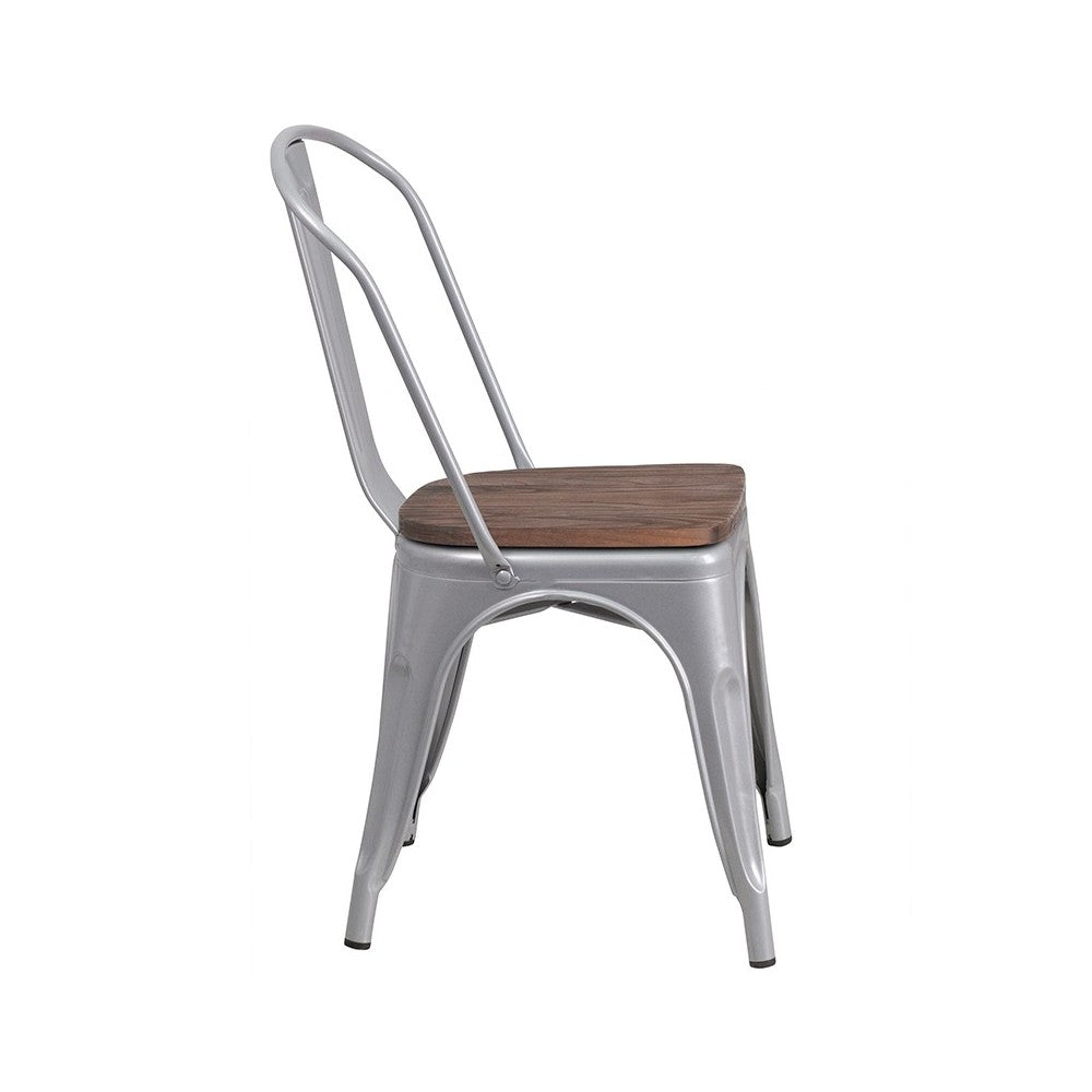 Silver Metal Stackable Chair with Wood Seat