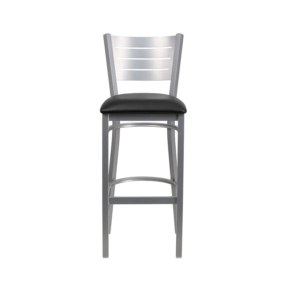 Silver Slat Back Metal Restaurant Barstool - Black Vinyl Seat