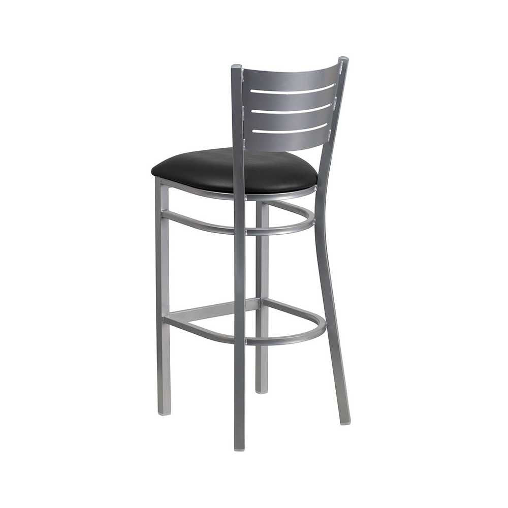 Silver Slat Back Metal Restaurant Barstool - Black Vinyl Seat