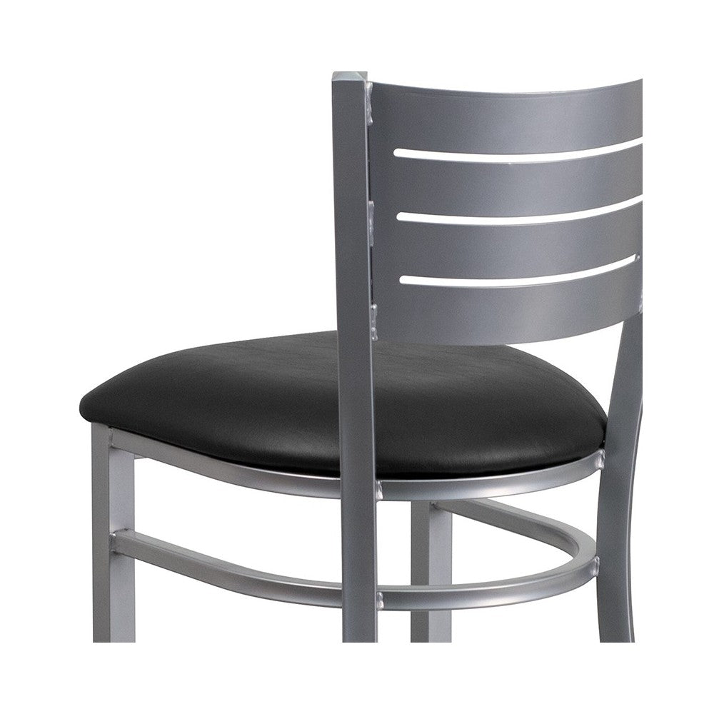Silver Slat Back Metal Restaurant Barstool - Black Vinyl Seat