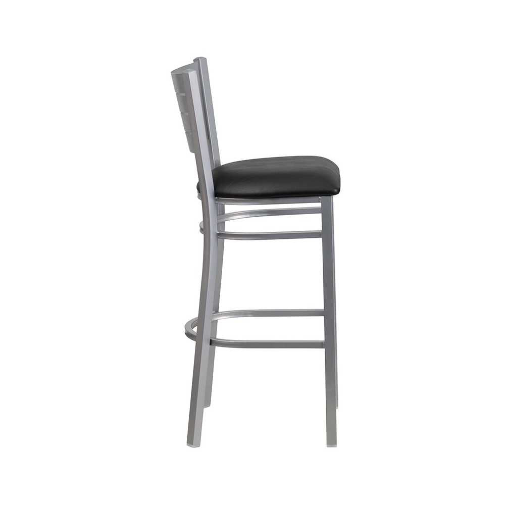 Silver Slat Back Metal Restaurant Barstool - Black Vinyl Seat