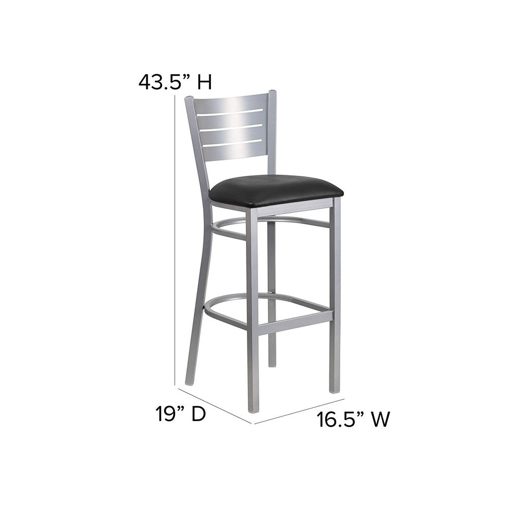 Silver Slat Back Metal Restaurant Barstool - Black Vinyl Seat