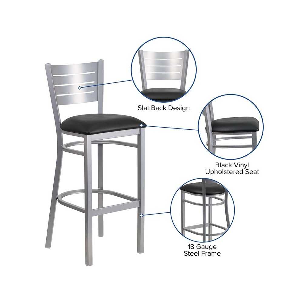 Silver Slat Back Metal Restaurant Barstool - Black Vinyl Seat