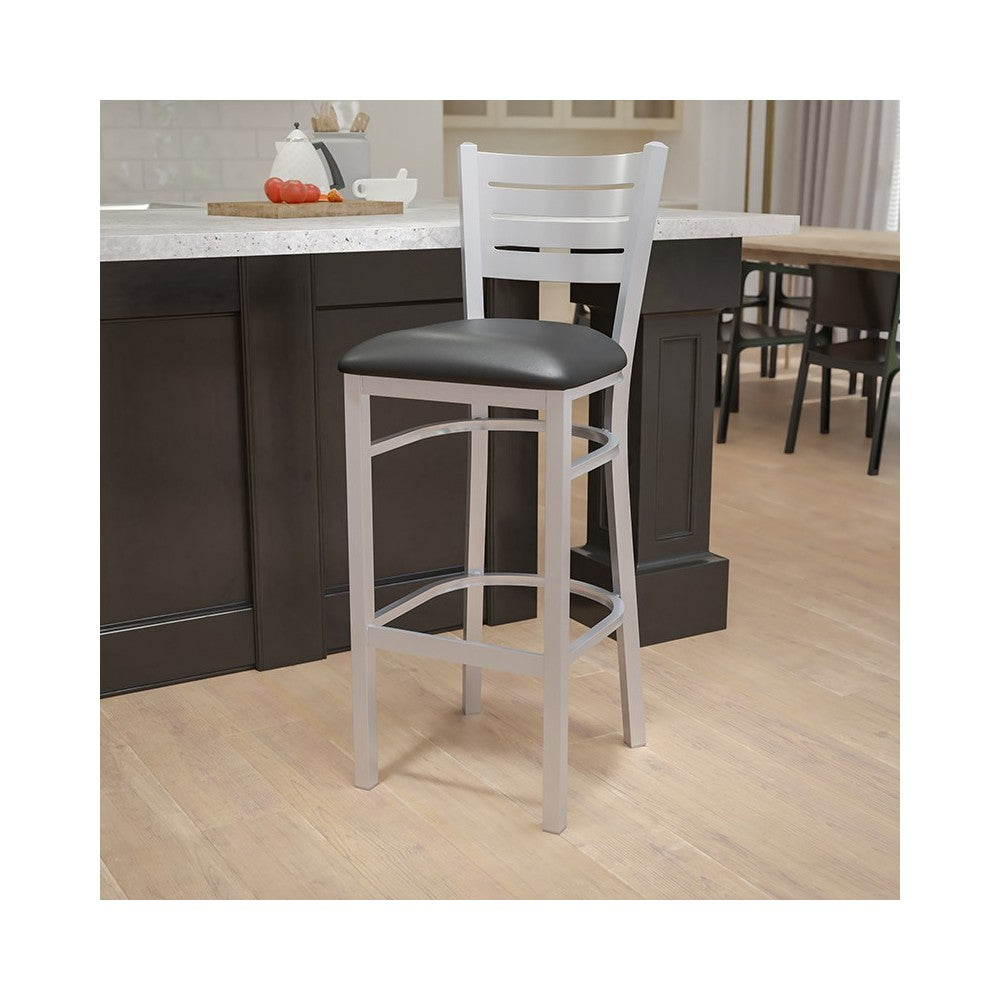 Silver Slat Back Metal Restaurant Barstool - Black Vinyl Seat