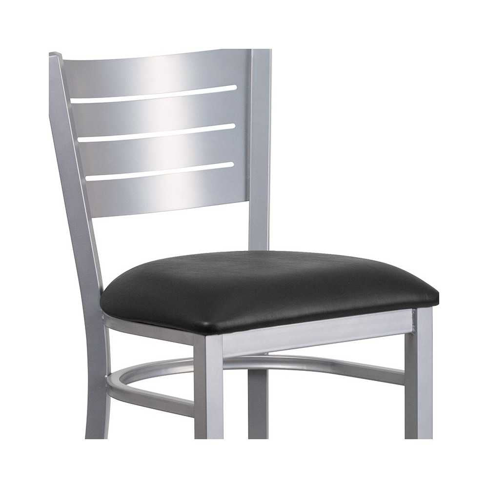 Silver Slat Back Metal Restaurant Barstool - Black Vinyl Seat
