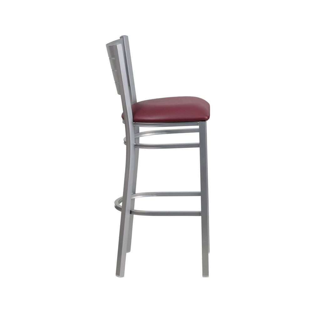 Silver Slat Back Metal Restaurant Barstool - Burgundy Vinyl Seat