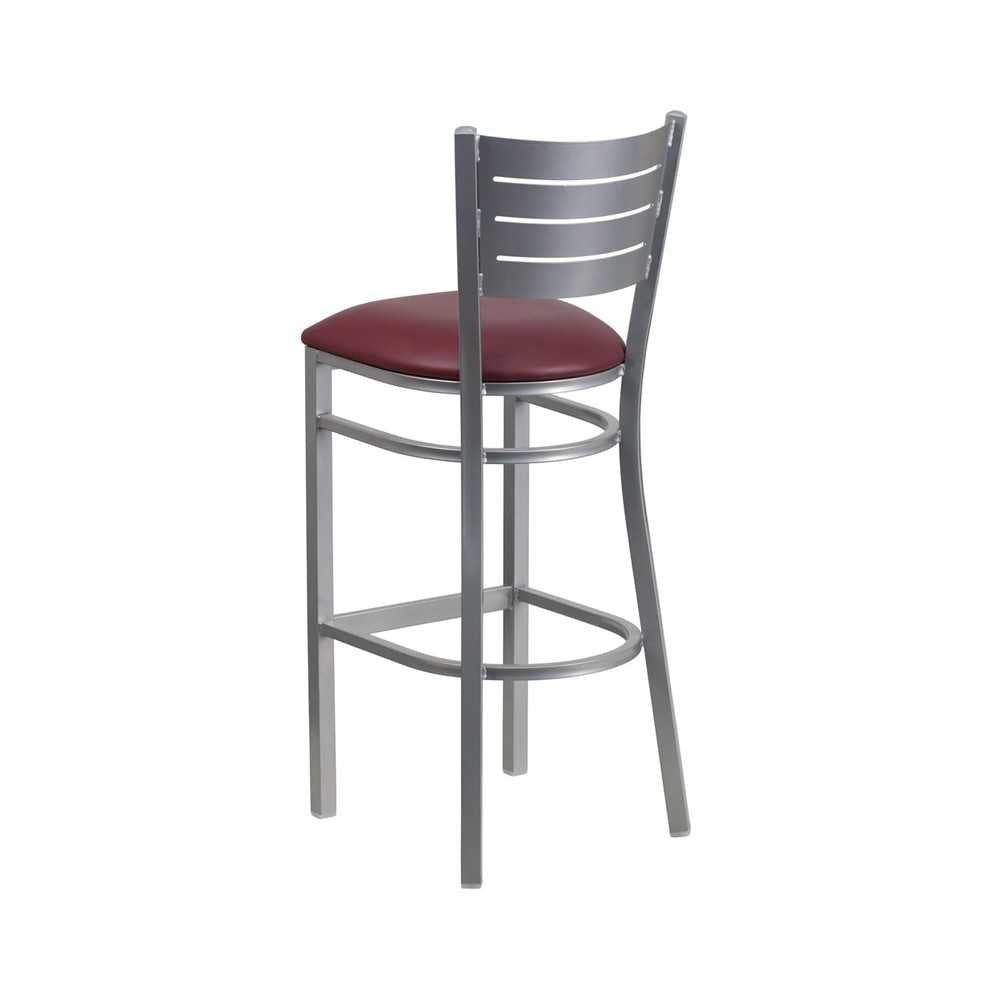 Silver Slat Back Metal Restaurant Barstool - Burgundy Vinyl Seat