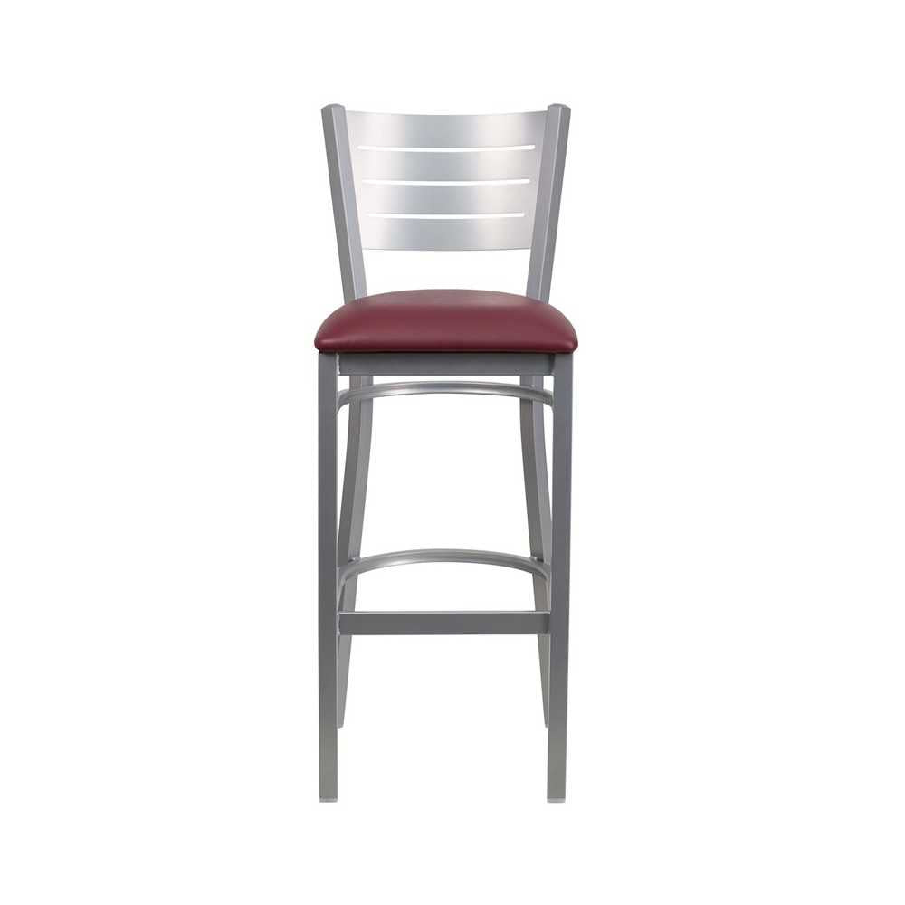 Silver Slat Back Metal Restaurant Barstool - Burgundy Vinyl Seat