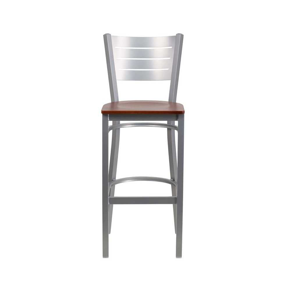 Silver Slat Back Metal Restaurant Barstool - Cherry Wood Seat