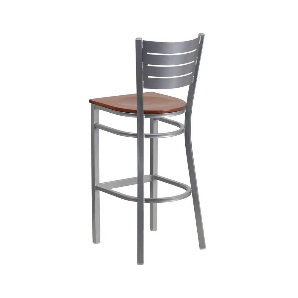 Silver Slat Back Metal Restaurant Barstool - Cherry Wood Seat