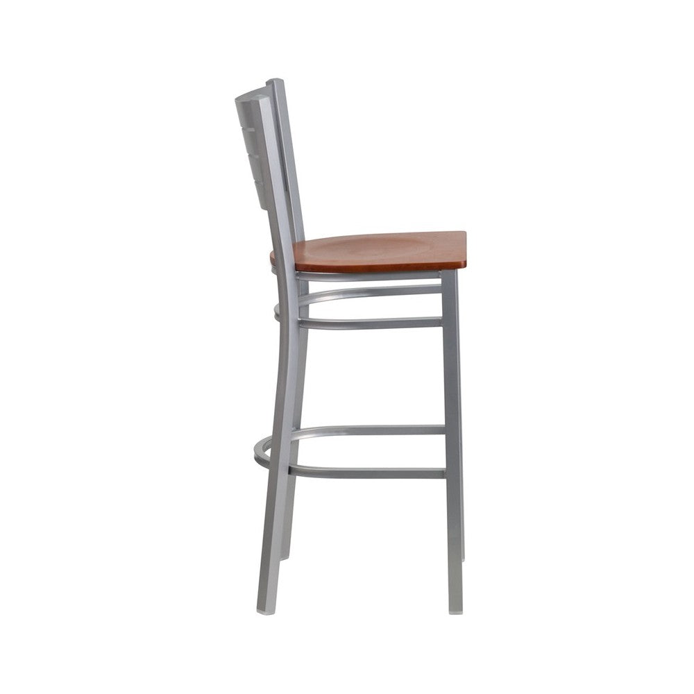 Silver Slat Back Metal Restaurant Barstool - Cherry Wood Seat