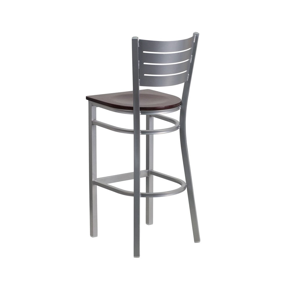 Silver Slat Back Metal Restaurant Barstool - Mahogany Wood Seat