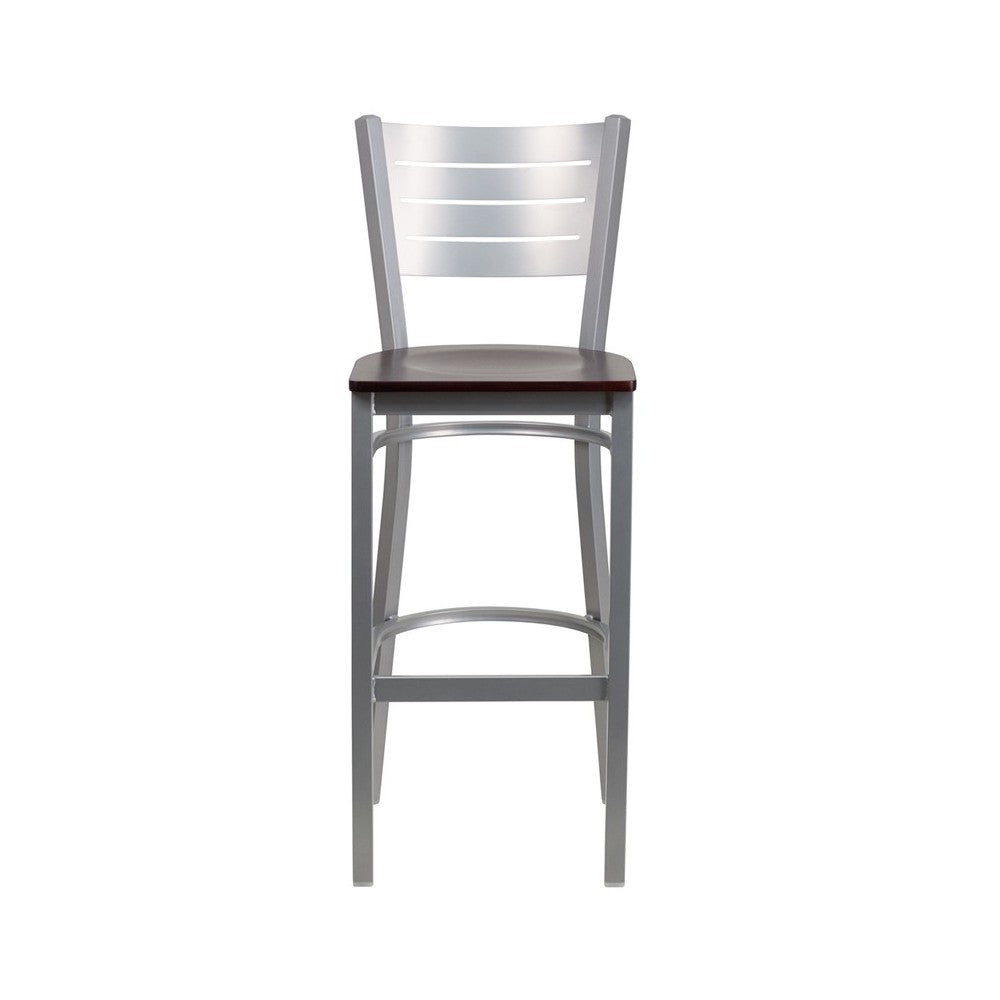 Silver Slat Back Metal Restaurant Barstool - Mahogany Wood Seat