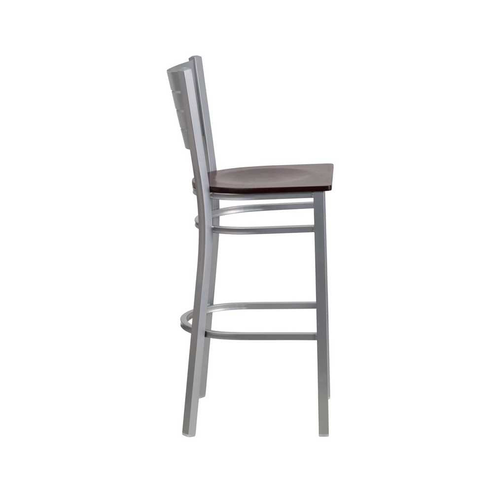 Silver Slat Back Metal Restaurant Barstool - Mahogany Wood Seat