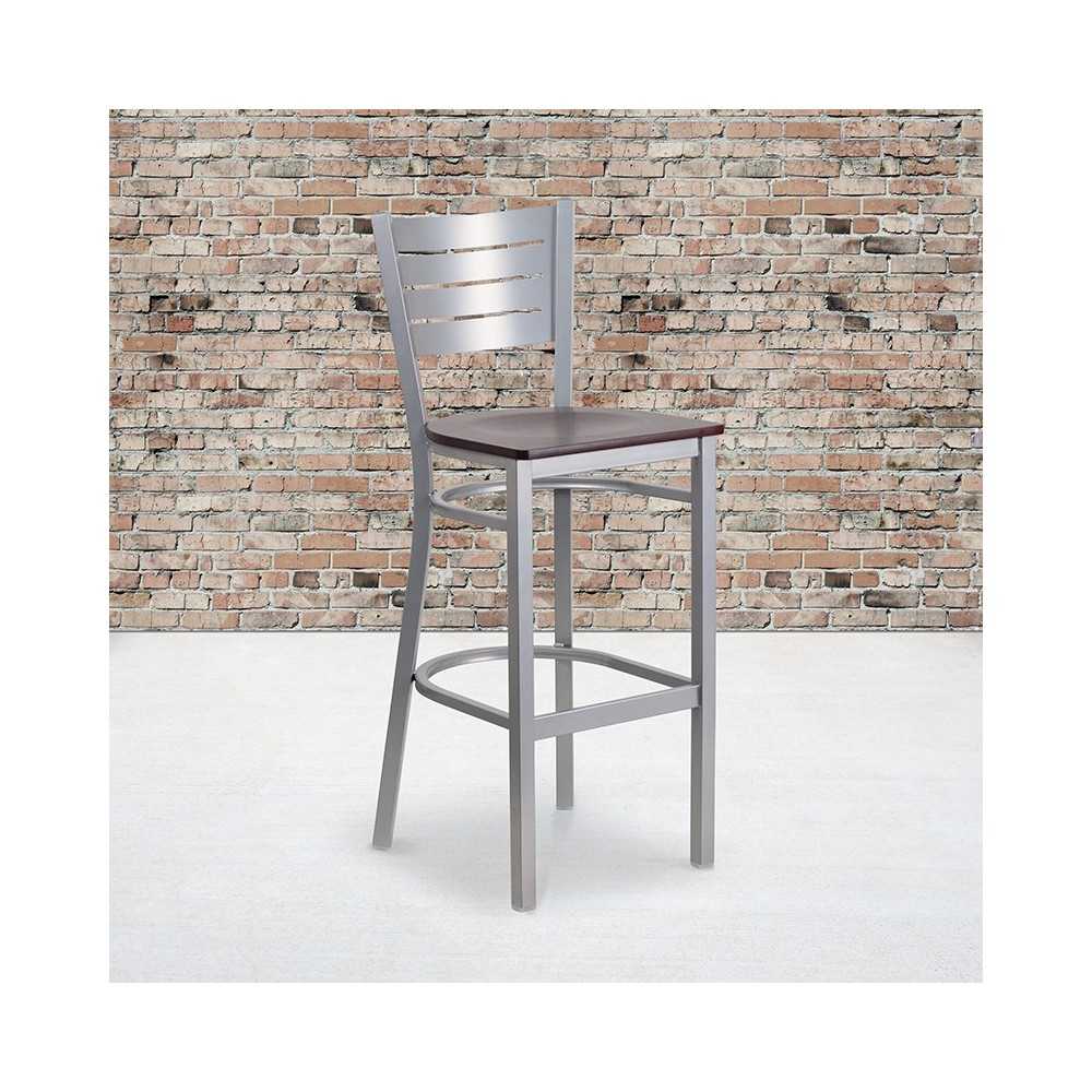 Silver Slat Back Metal Restaurant Barstool - Mahogany Wood Seat