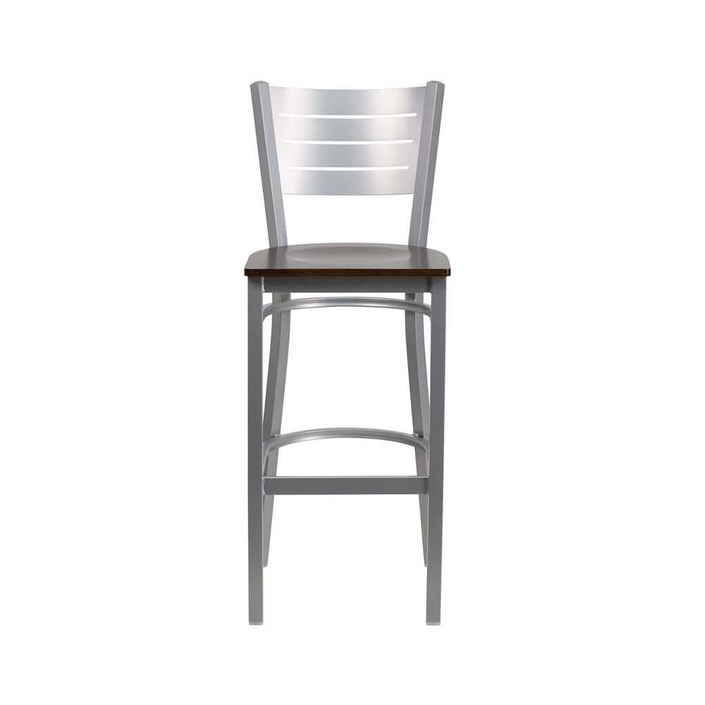 Silver Slat Back Metal Restaurant Barstool - Walnut Wood Seat