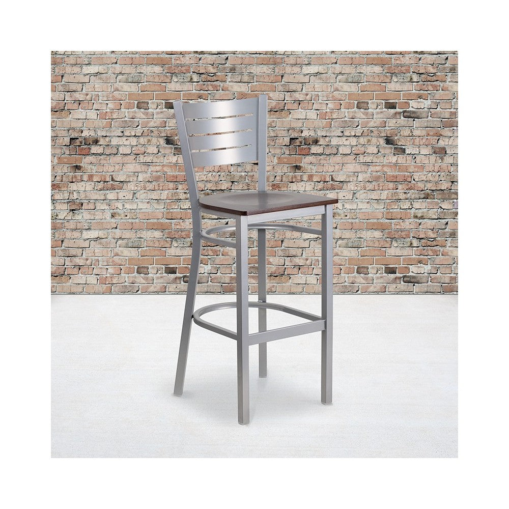 Silver Slat Back Metal Restaurant Barstool - Walnut Wood Seat