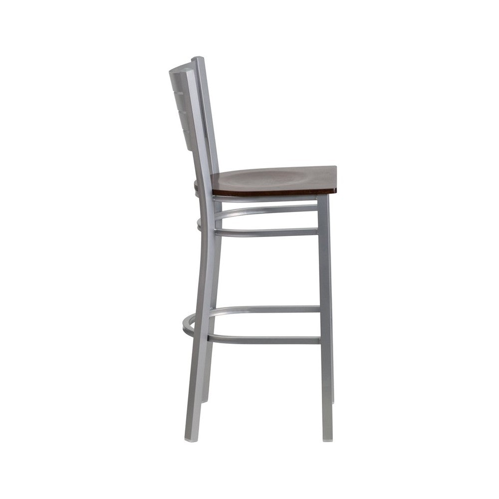 Silver Slat Back Metal Restaurant Barstool - Walnut Wood Seat