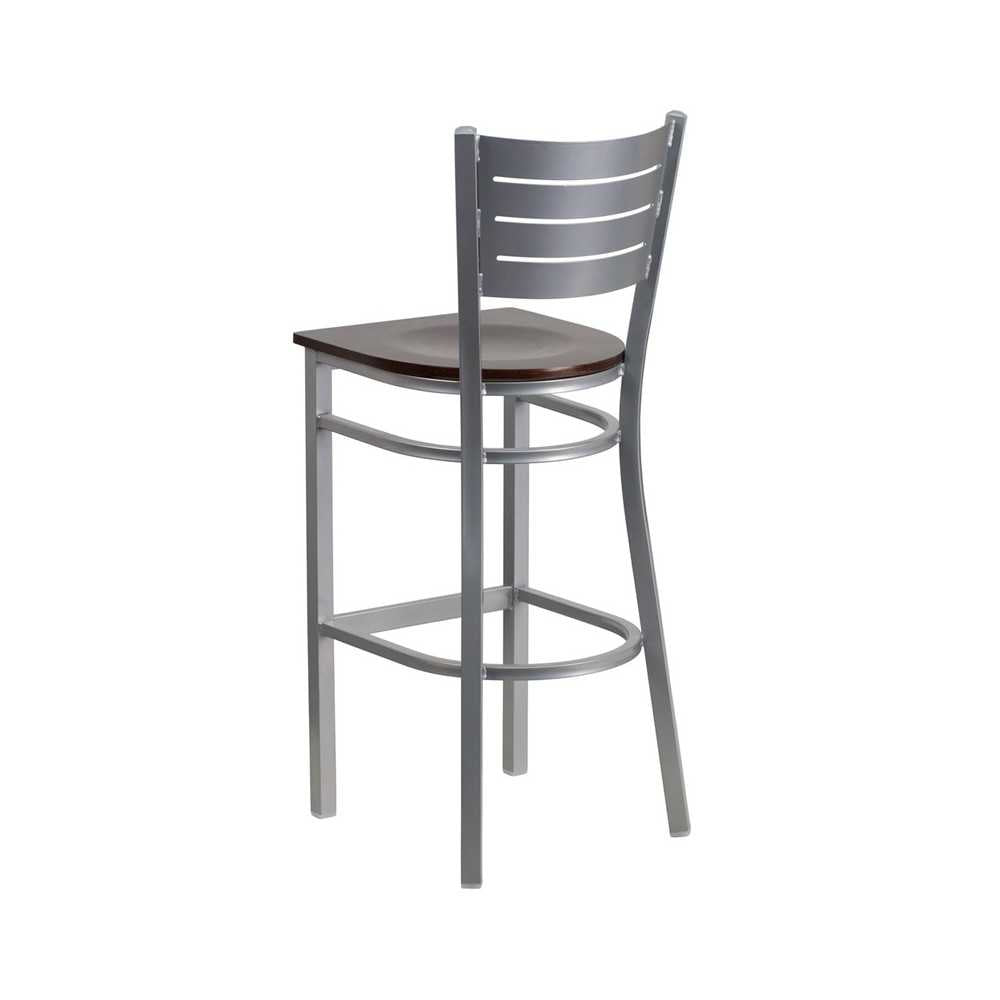 Silver Slat Back Metal Restaurant Barstool - Walnut Wood Seat