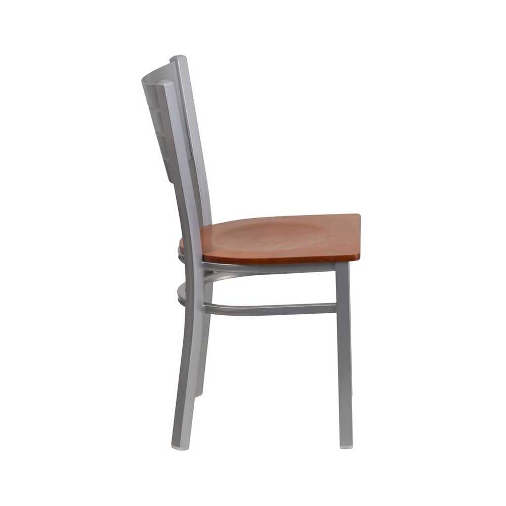 Silver Slat Back Metal Restaurant Chair - Cherry Wood Seat