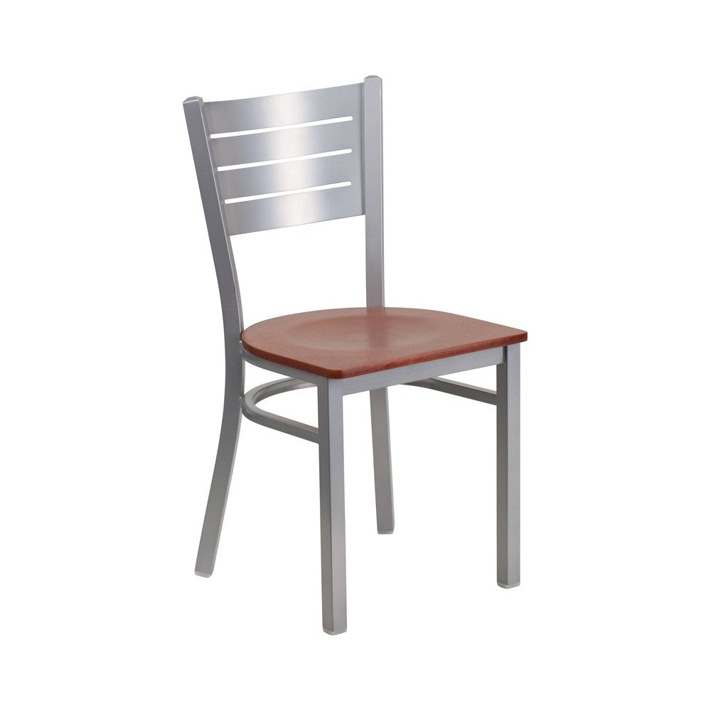 Silver Slat Back Metal Restaurant Chair - Cherry Wood Seat
