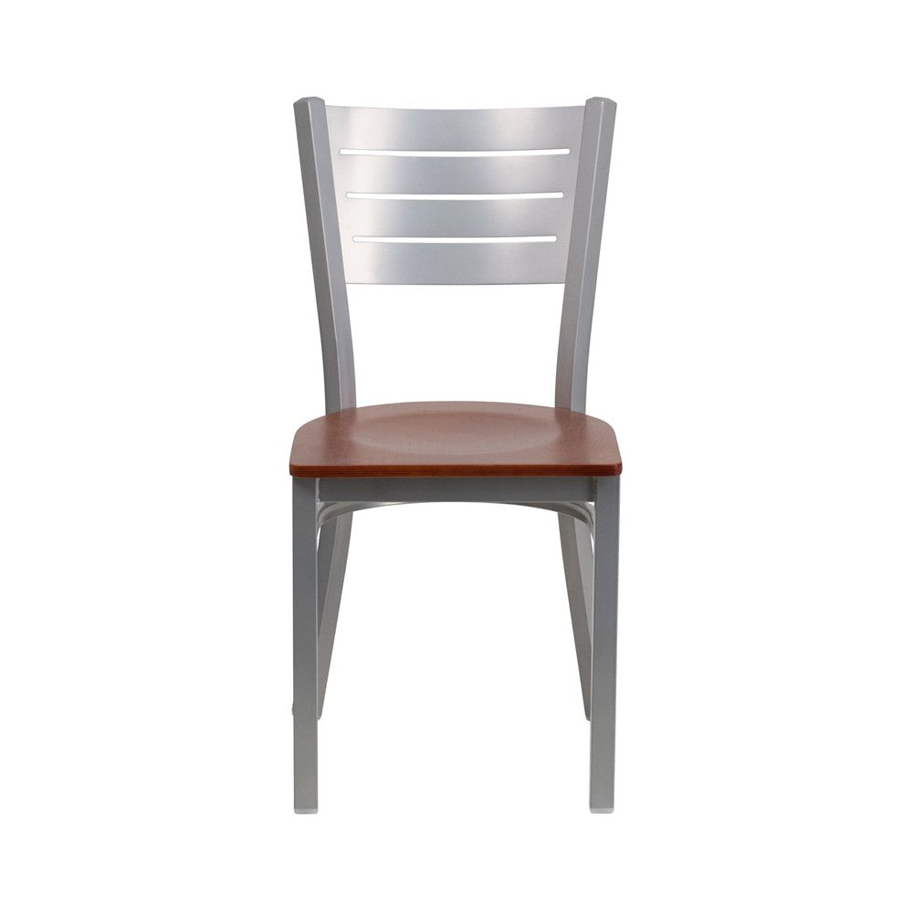 Silver Slat Back Metal Restaurant Chair - Cherry Wood Seat
