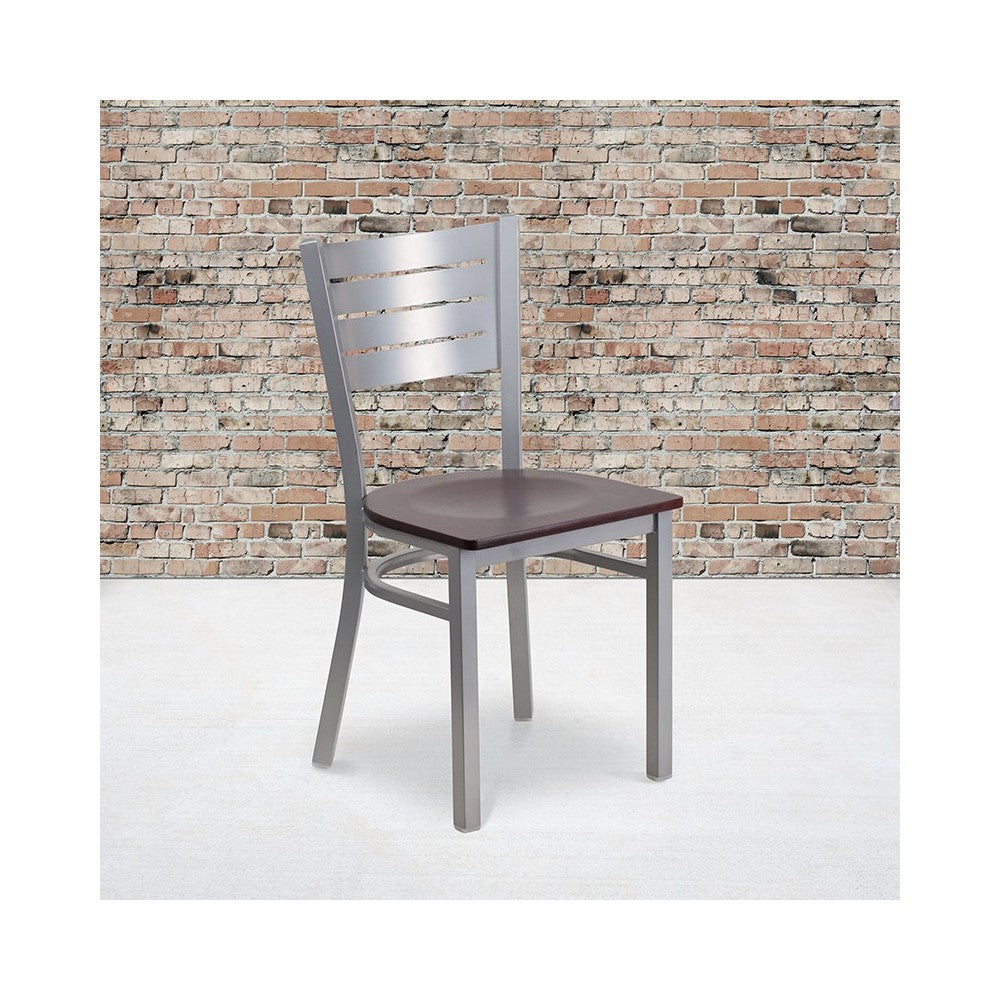 Silver Slat Back Metal Restaurant Chair - Mahogany Wood Seat