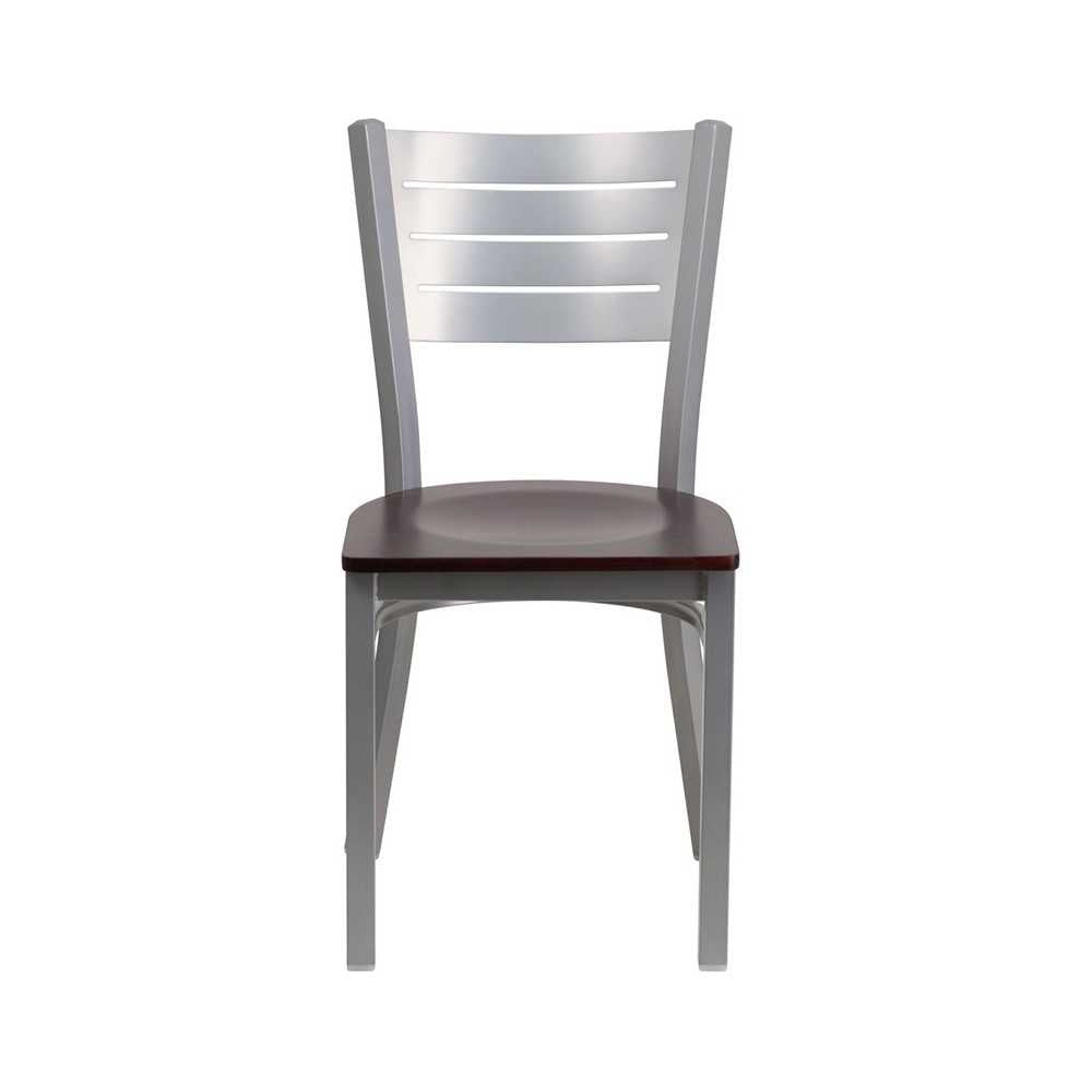 Silver Slat Back Metal Restaurant Chair - Mahogany Wood Seat