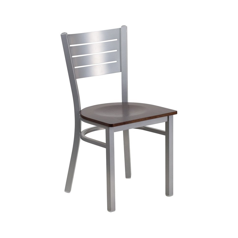 Silver Slat Back Metal Restaurant Chair - Walnut Wood Seat