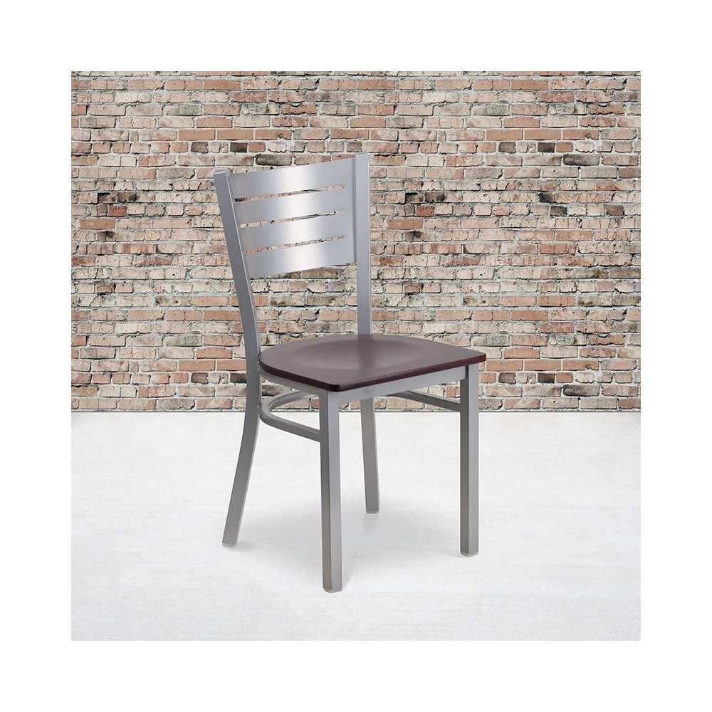Silver Slat Back Metal Restaurant Chair - Walnut Wood Seat