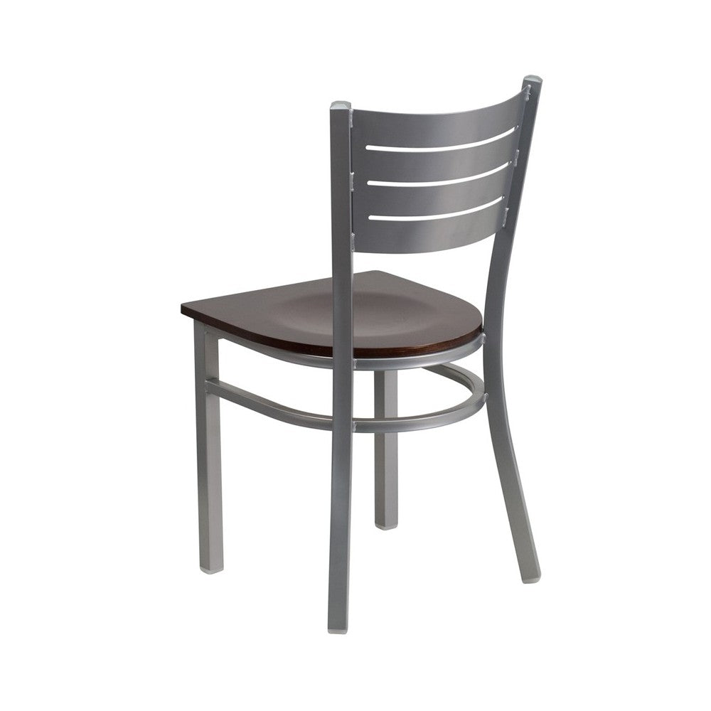 Silver Slat Back Metal Restaurant Chair - Walnut Wood Seat