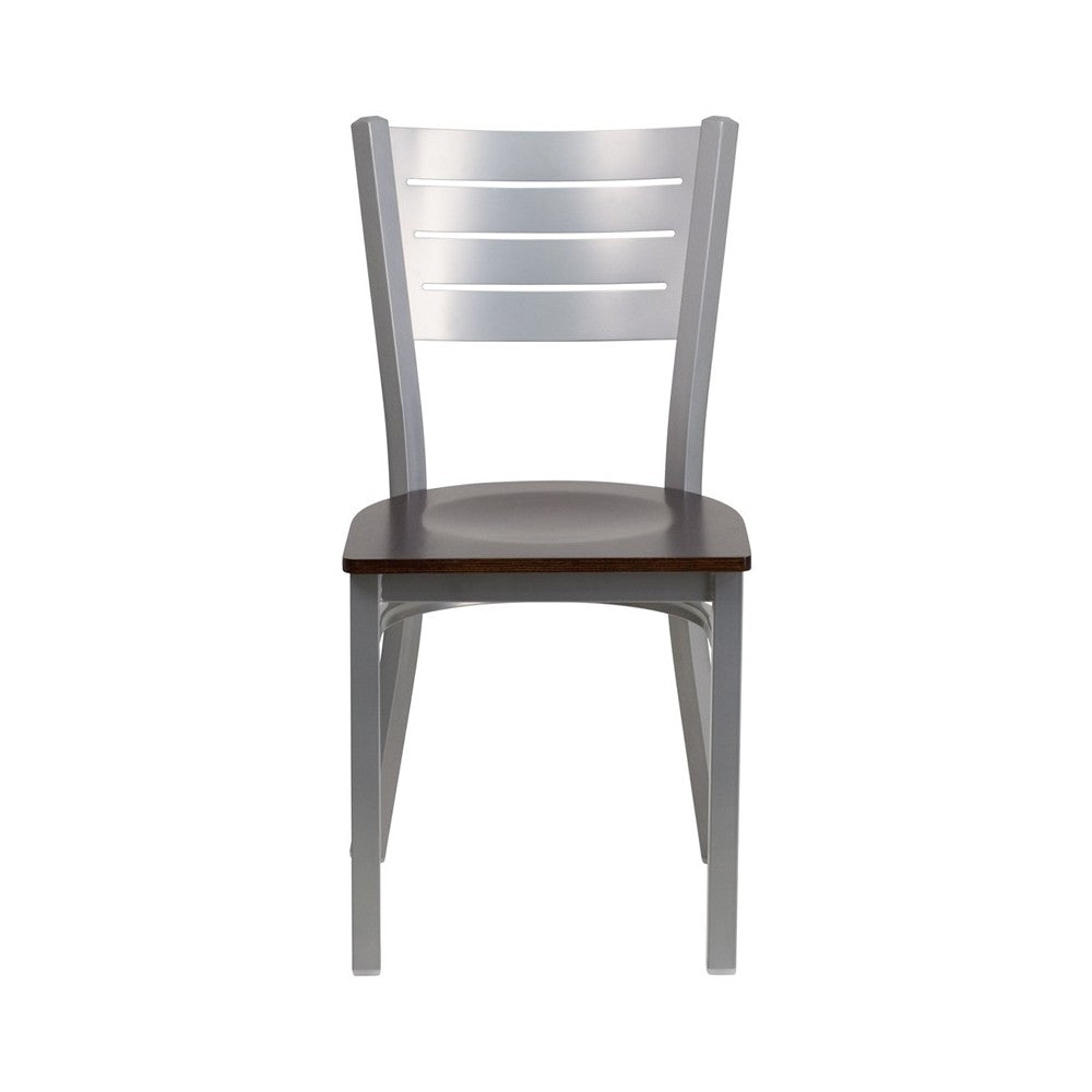Silver Slat Back Metal Restaurant Chair - Walnut Wood Seat