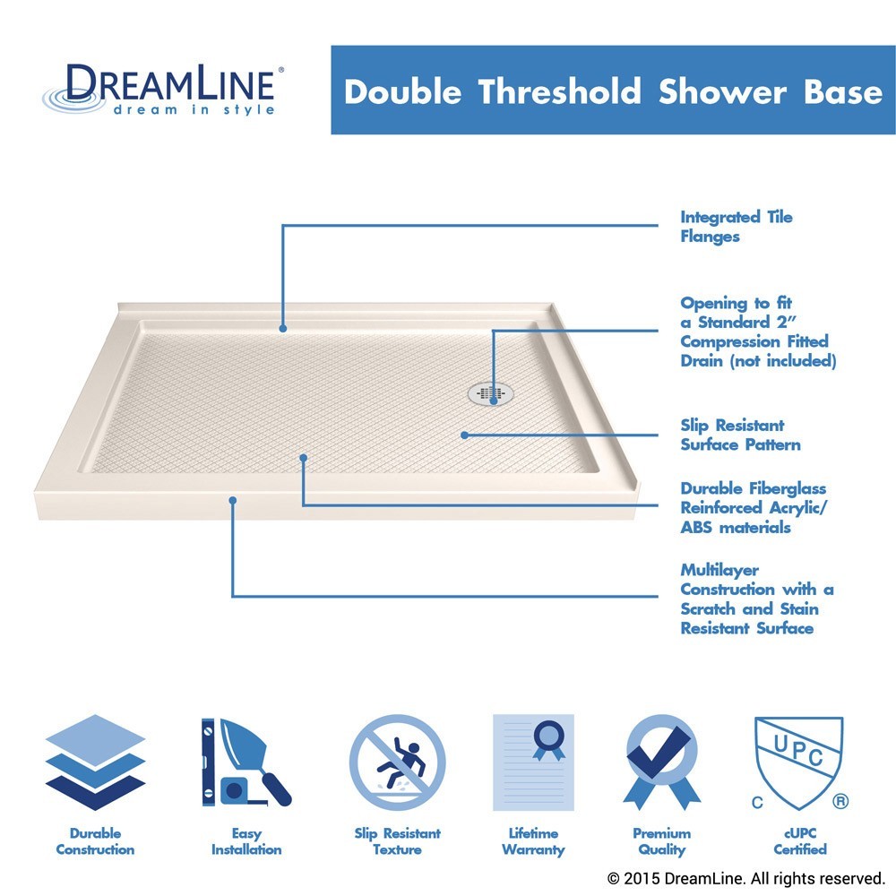SlimLine 34 in. D x 48 in. W x 2 3/4 in. H Right Drain Double Threshold Shower Base in Biscuit