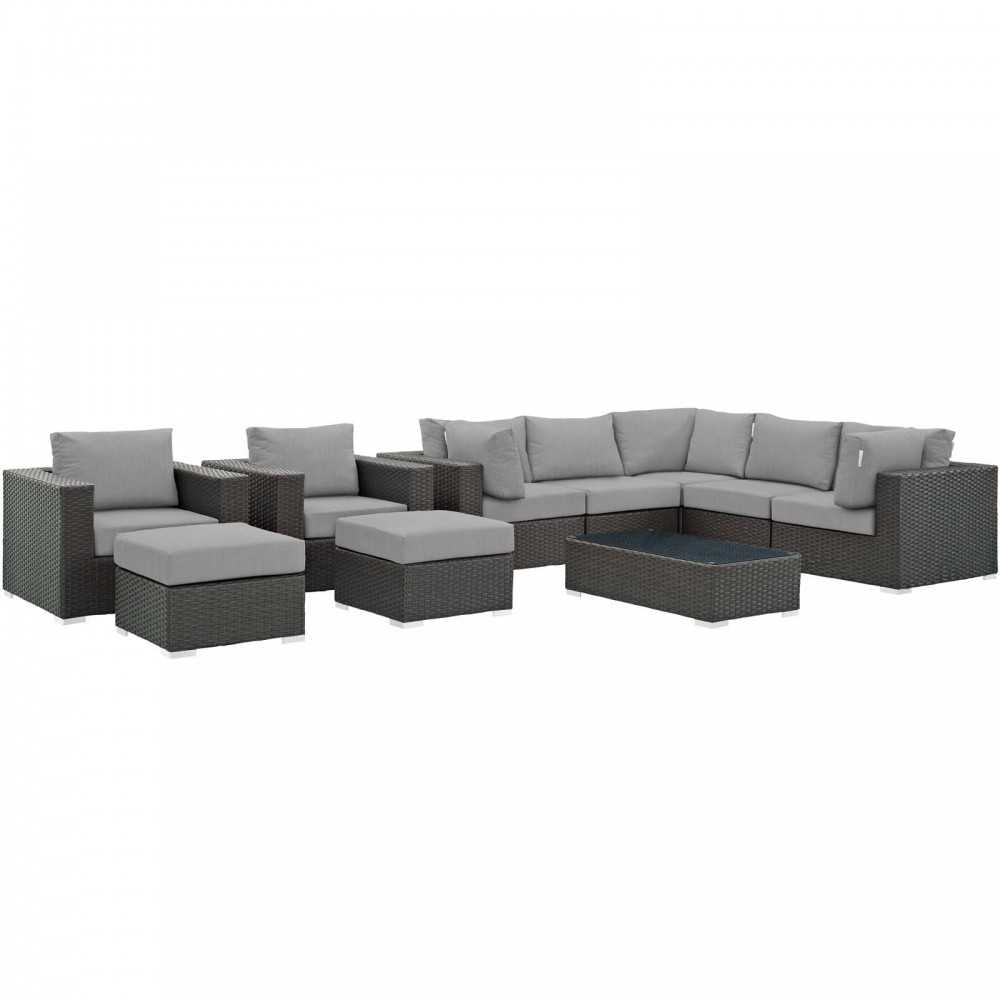 Sojourn 10 Piece Outdoor Patio Sunbrella Sectional Set, Canvas Gray