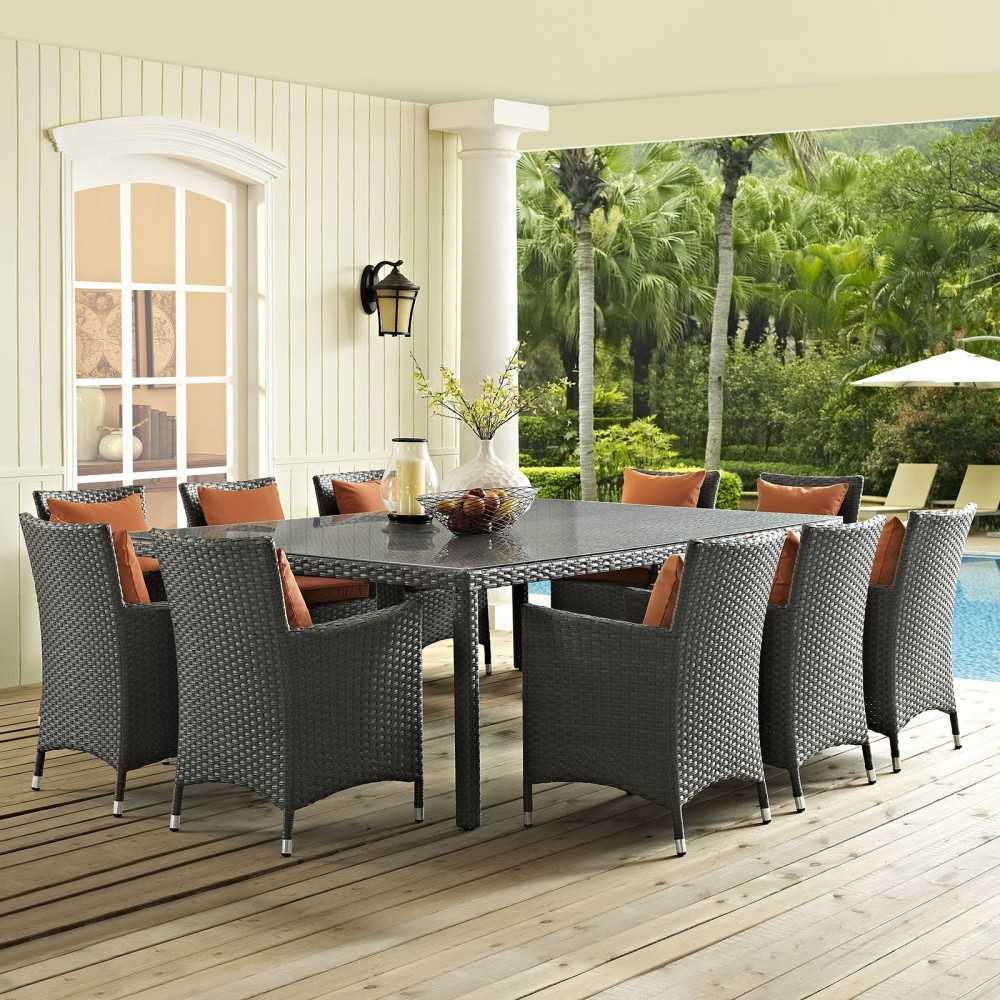 Sojourn 11 Piece Outdoor Patio Sunbrella Dining Set, Canvas Tuscan