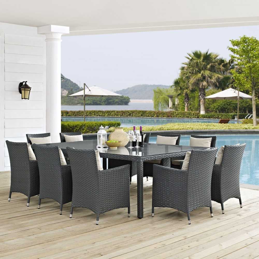 Sojourn 11 Piece Outdoor Patio Sunbrella Dining Set, Antique Canvas Beige